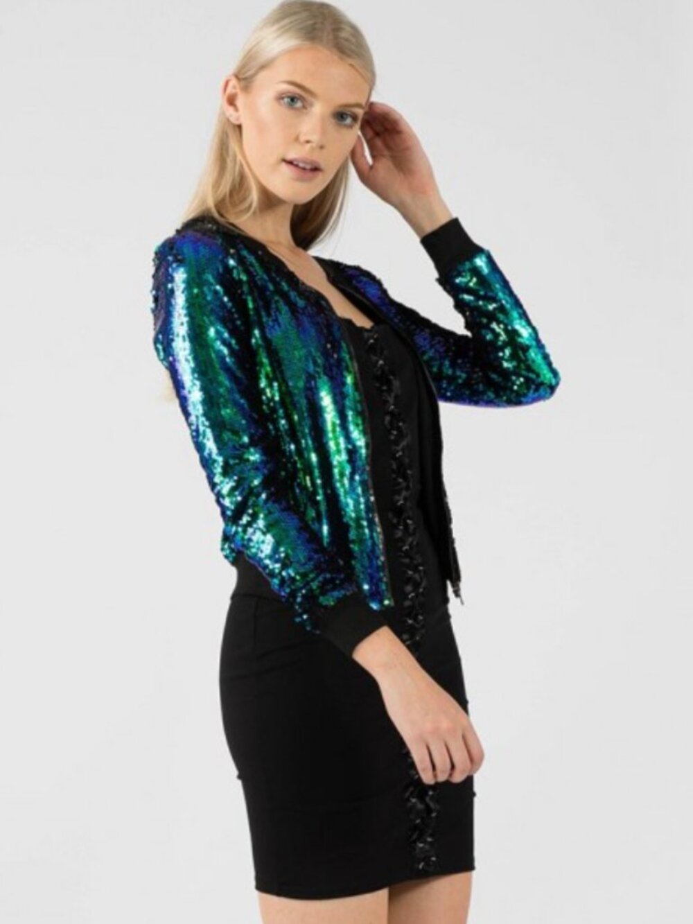 NOWT Sequin Crop Long Zipper Cropped Bomber Jacket